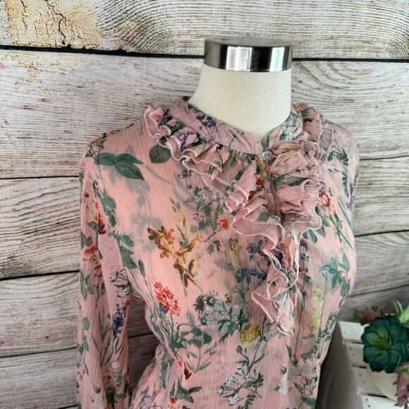 Ellen Weaver Ruffle Floral Pink Long Sleeve Blouse Top Size Large - Picture 3 of 7